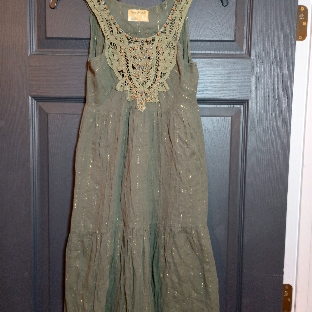 Free People Vintage Bohemian Crochet Beaded Dress Rare Green And Metallic Size 4